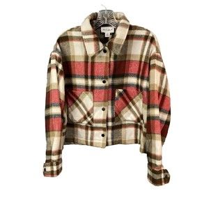 For the Republic Women's Red/Brown Heavy Flannel Long‎ Sleeve Crop Jacket Size L